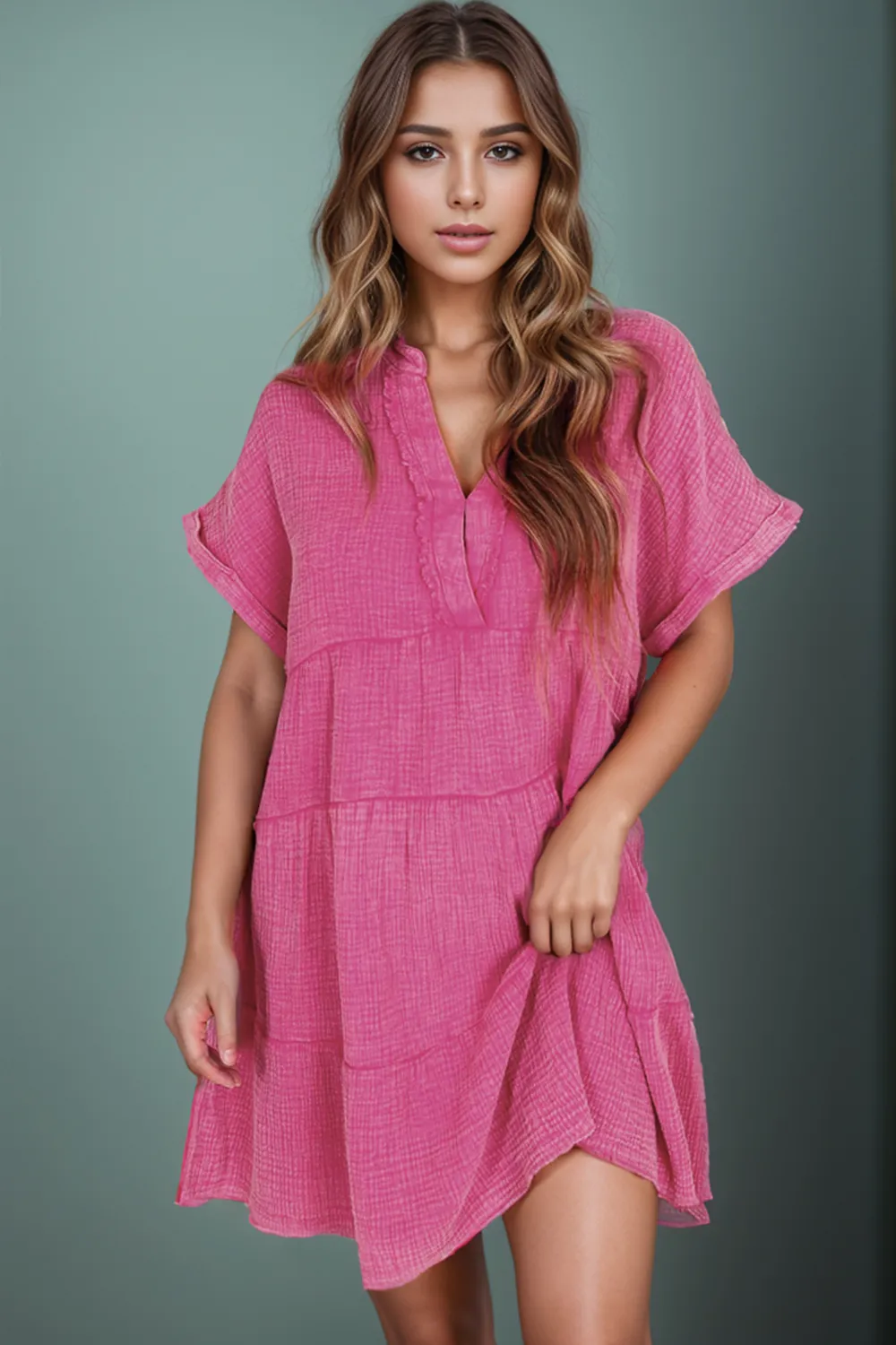 Tiered Notched Short Sleeve Dres, image 5