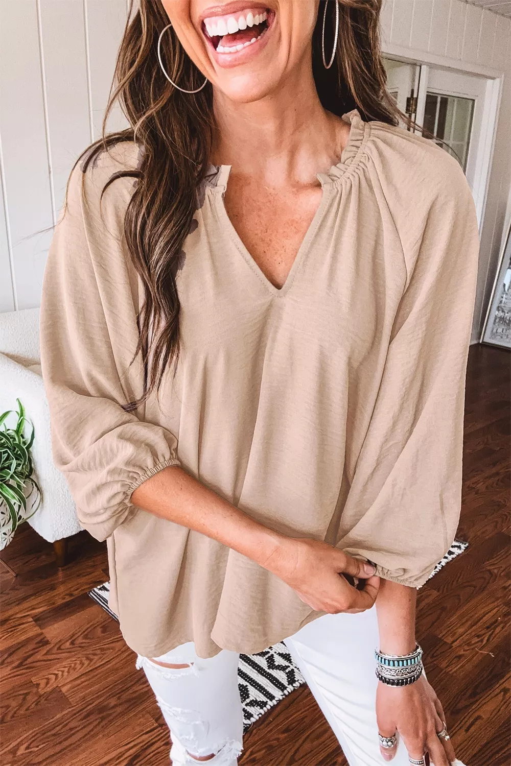 V Neck Gathered Cuff Three Quarter Sleeve Blouse, image 2
