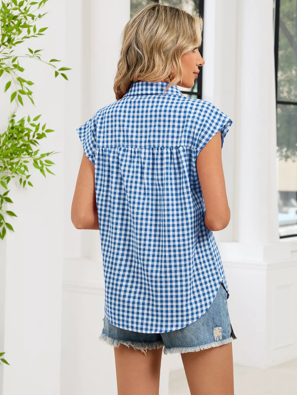 Plaid Button Up Cap Sleeve Shirt, image 33