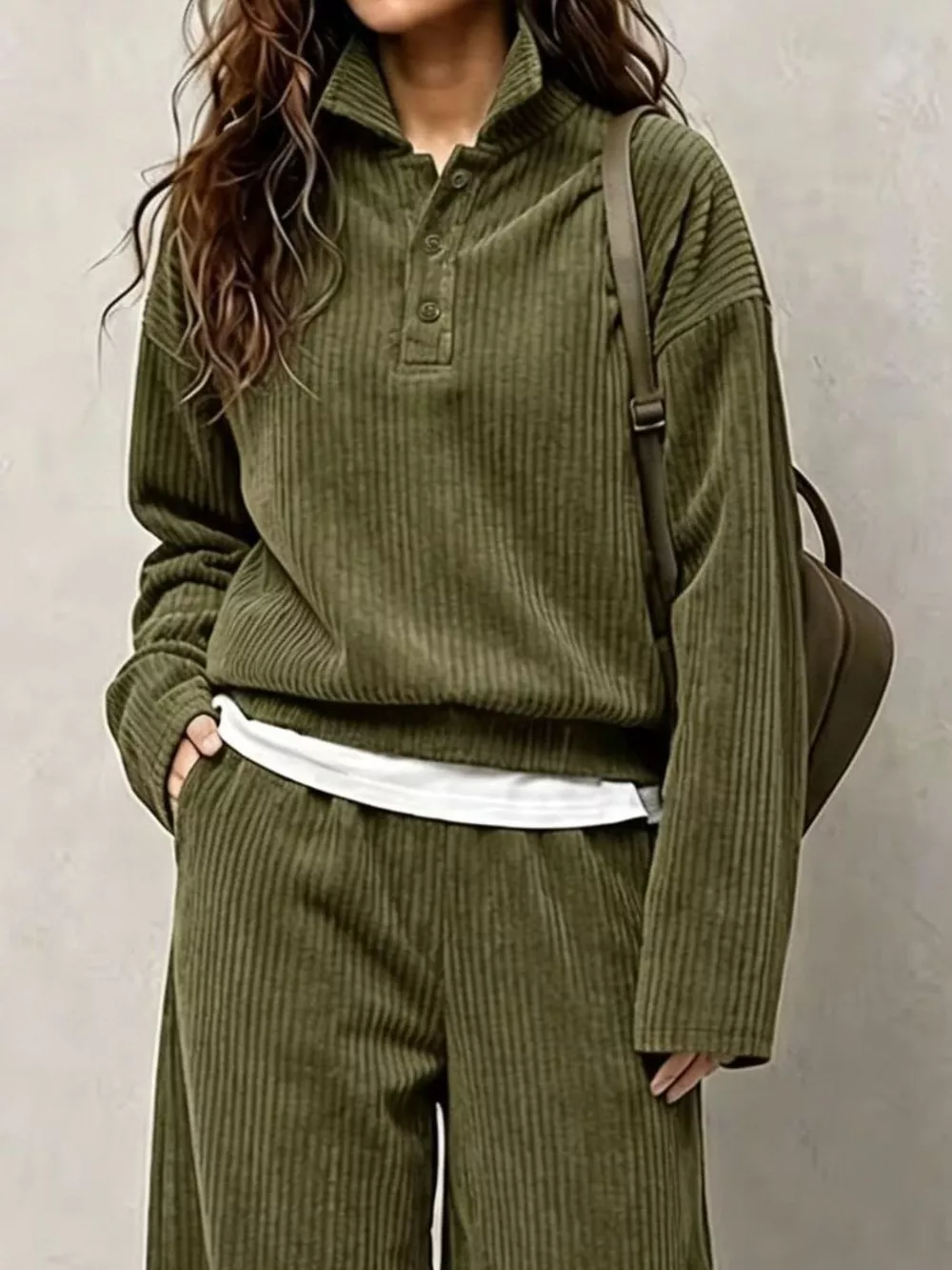 Corduroy Button Detail Top and Wide-Leg Pants Set, image 5