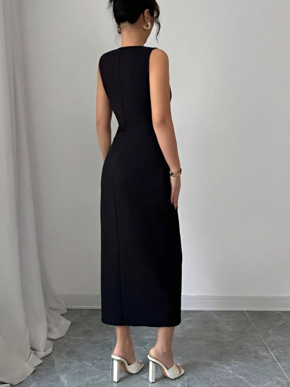 Bow Slit Round Neck Sleeveless Dress, image 4