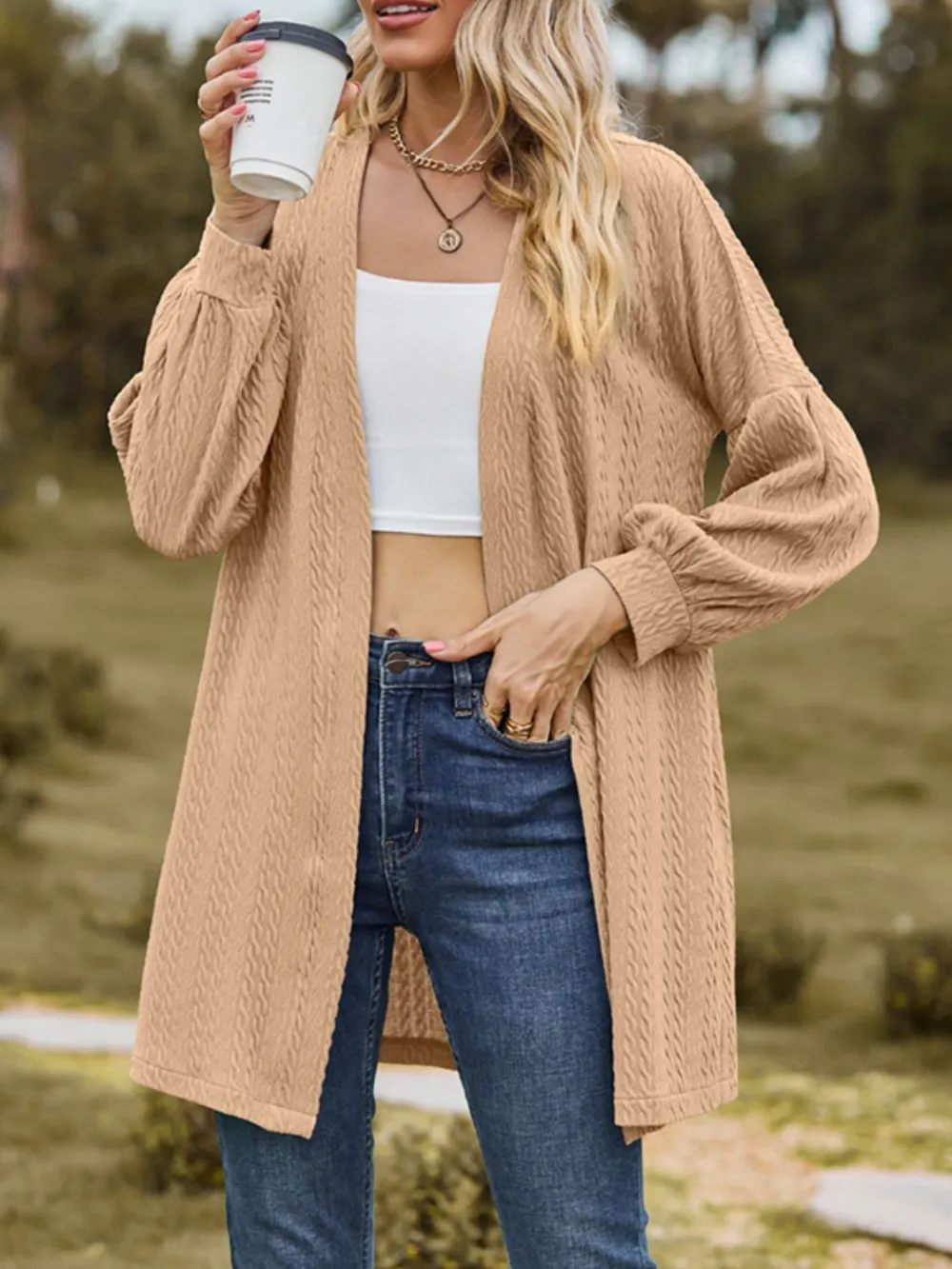 Textured Open Front Dropped Shoulder Cardigan, image 8