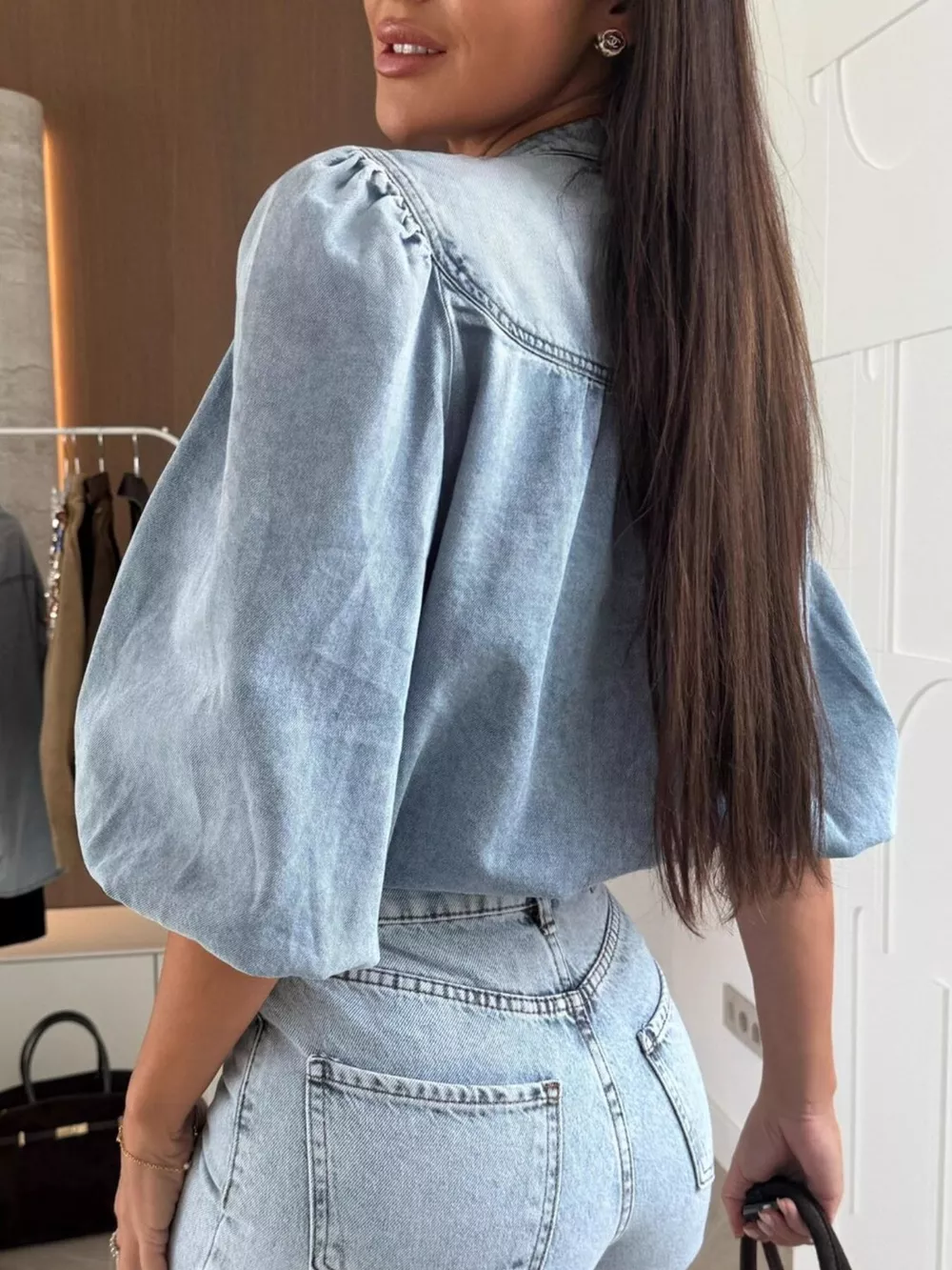Button-Down Puff Sleeve Denim Top, image 7