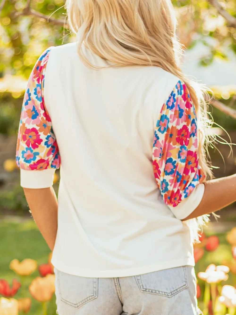 Floral Puff Sleeve Round Neck T-Shirt, image 5