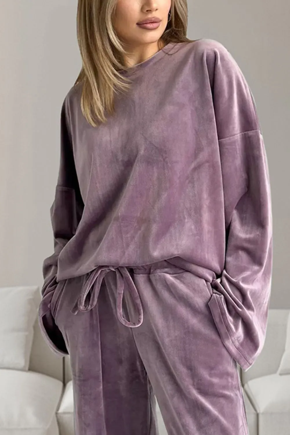 Buttery-Soft Round Neck Long Sleeve Top and Drawstring Pants Set, image 2