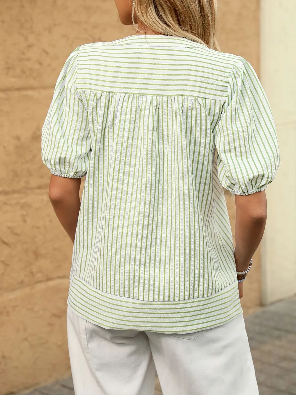 Striped Notched Puff Sleeve Blouse, image 12