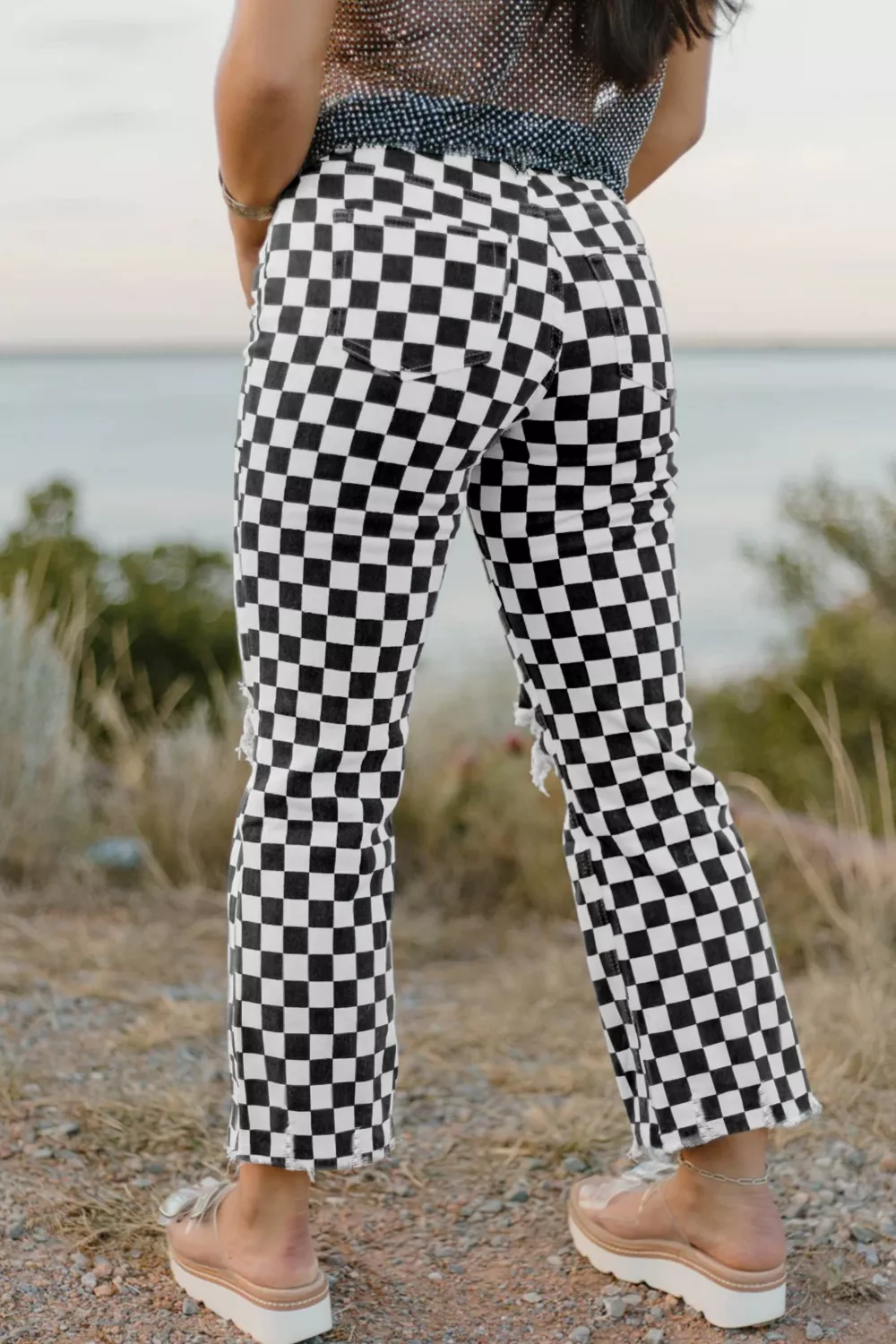 Checkerboard Print Distressed Holes Raw Edge Cropped Jeans, image 2
