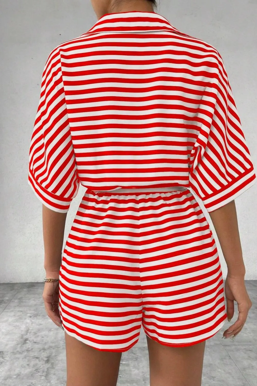 Striped Collared Neck Tie Waist Romper, image 12