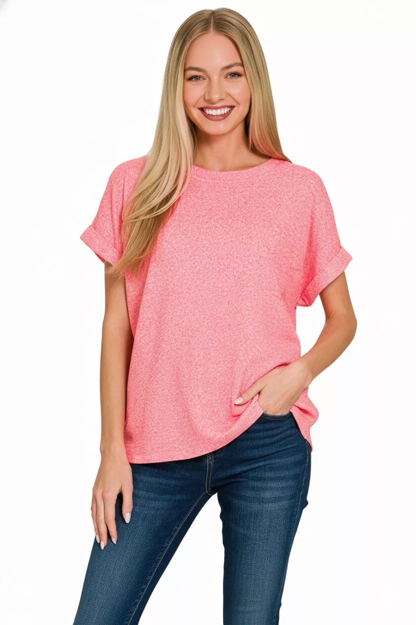 Soft Melange Hacci Short Sleeve Round Neck Top, image 3