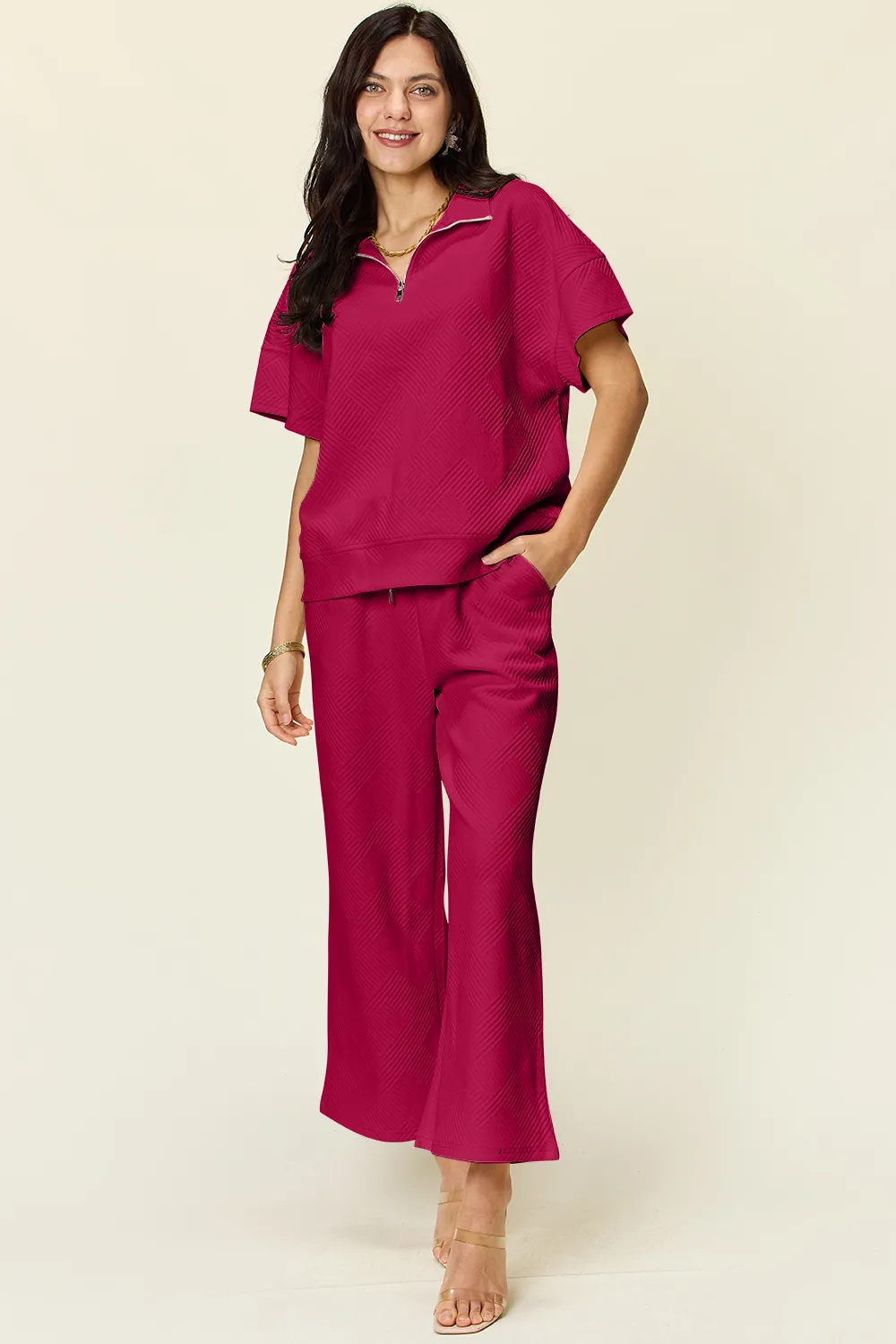 Full Size Texture Half Zip Short Sleeve Top and Pants Set, image 24