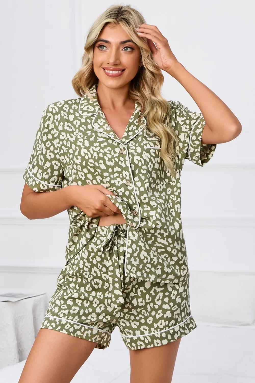 Full Size Leopard Short Sleeve Top and Shorts Lounge Set Plus Size, image 2