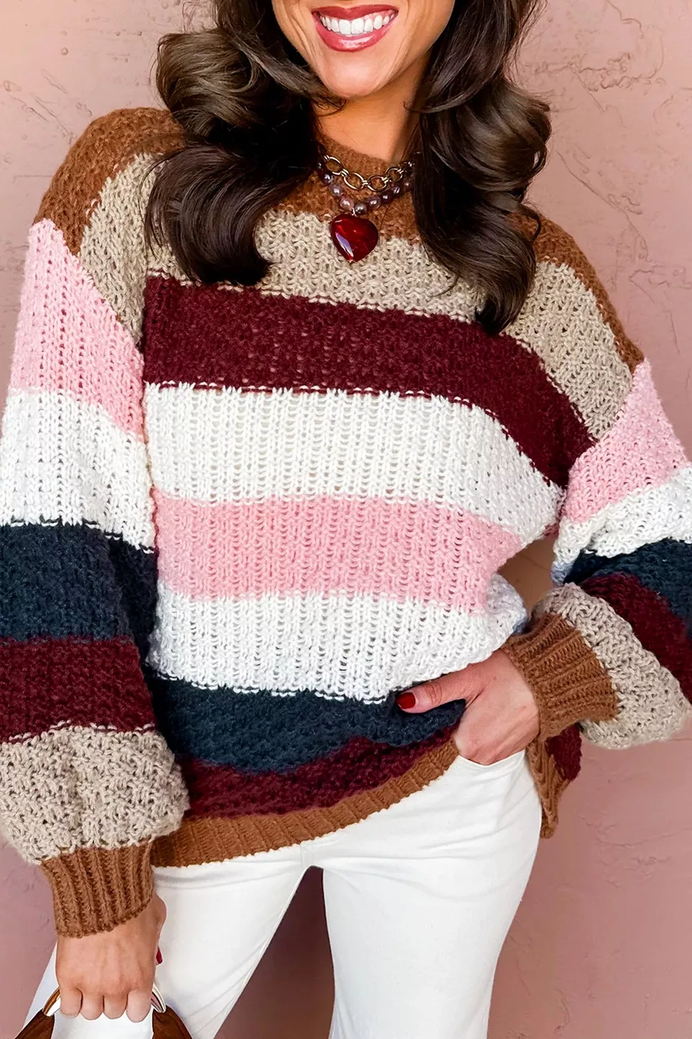 Striped Knit Dropped Shoulder Round Neck Sweater, image 3