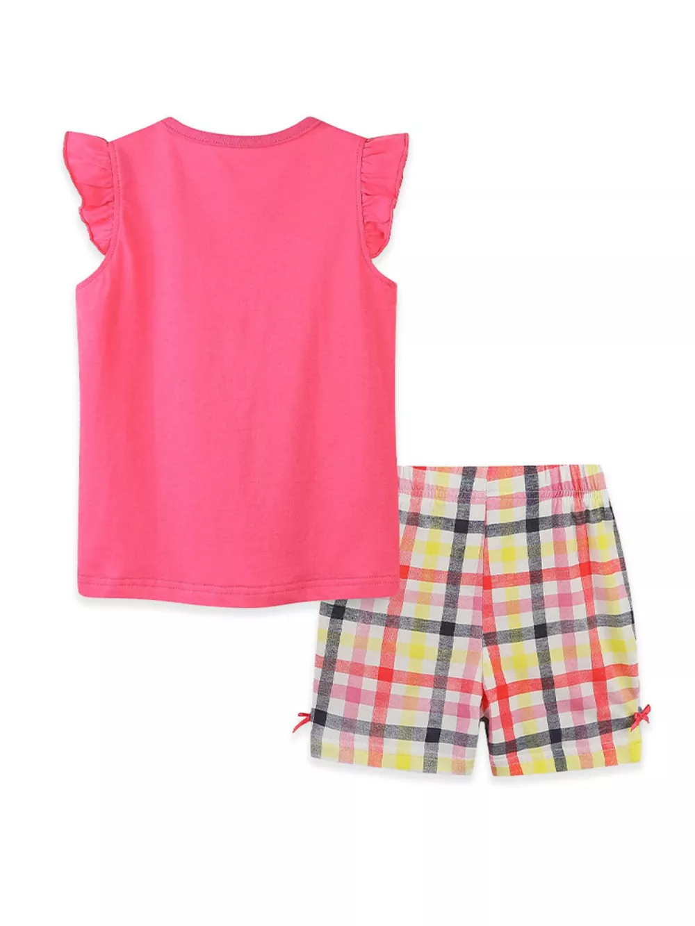Children's Cartoon Graphic Ruffle Trim Tee & Plaid Shorts Set, image 7