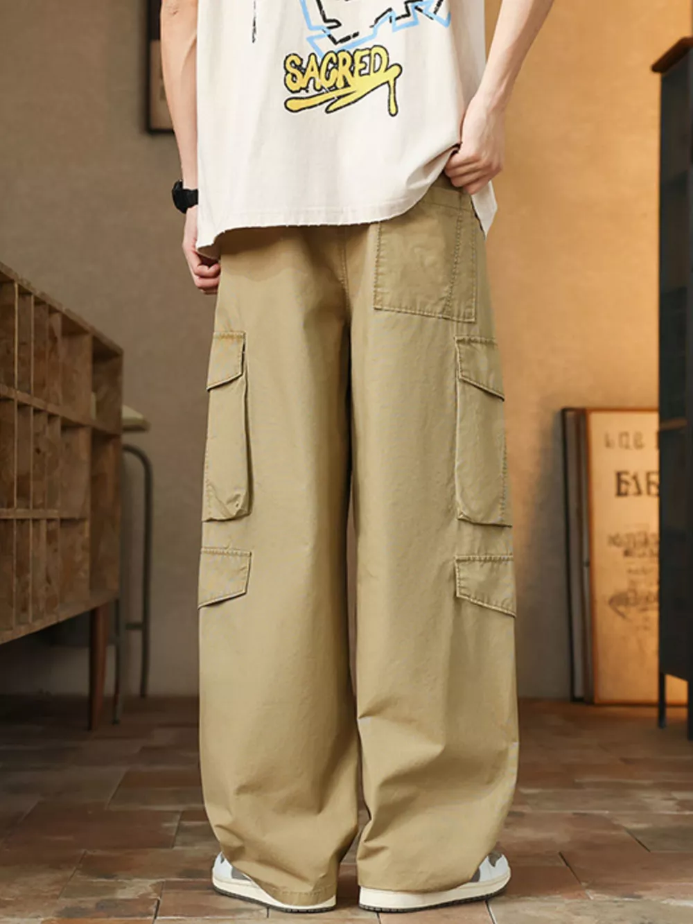 Men's Plus Size Loose Fit Cargo Pants with Drawstring, image 9
