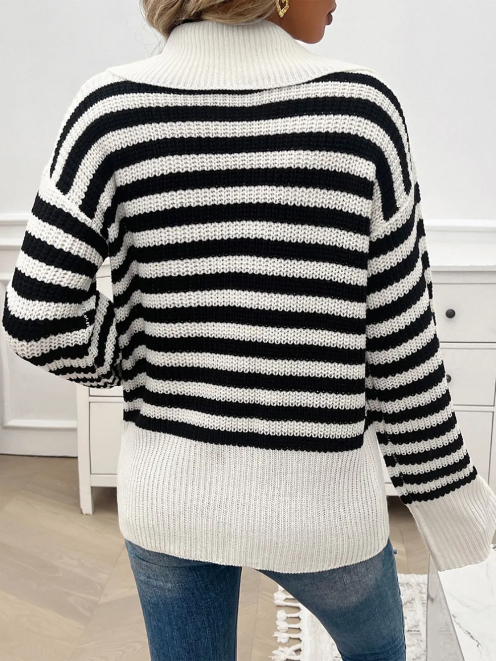 Striped Collared Neck Long Sleeve Sweater, image 15