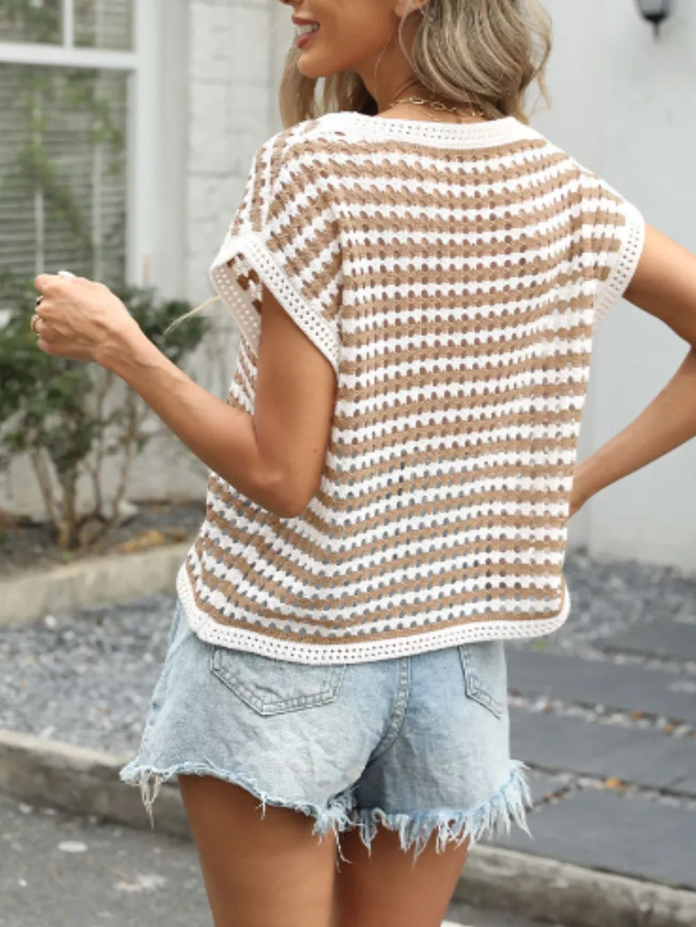 Striped Short Sleeve Crochet Knit Top, image 5