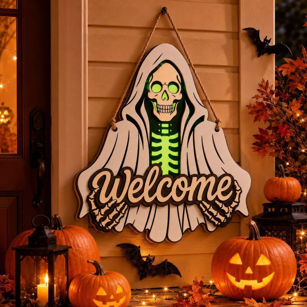 Spooky Halloween Skeleton Welcome Hanging Decorative Ornament, image 2