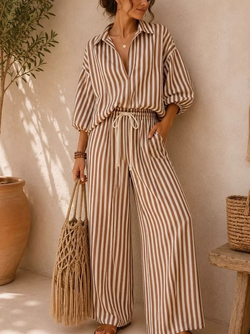 Full Size Striped Relaxed Fit Shirt and Wide-Leg Pants Set Plus Size, image 7