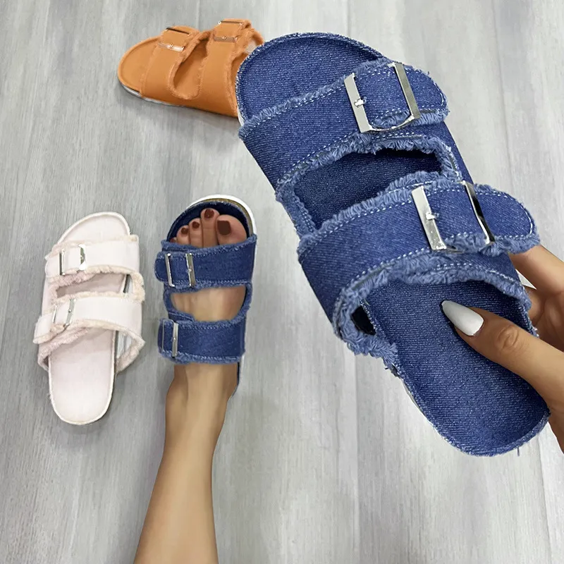 Raw Hem Open Toe Double Buckle Sandals, image 2