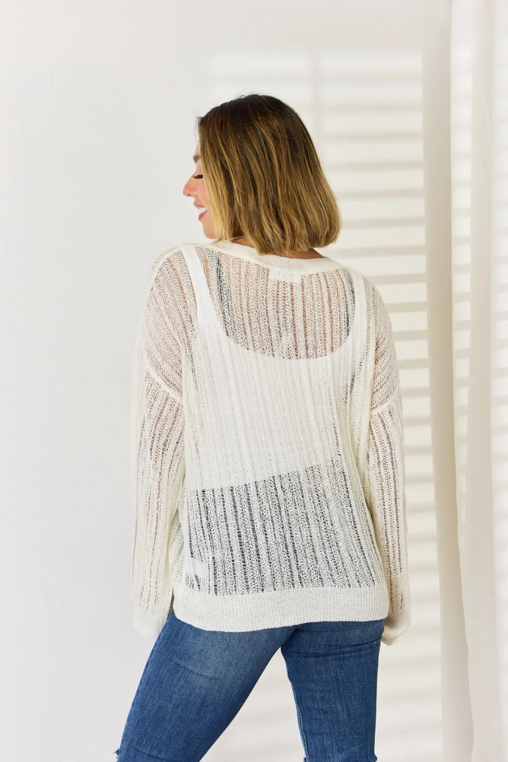 Openwork Ribbed Trim Long Sleeve Knit Top, image 5