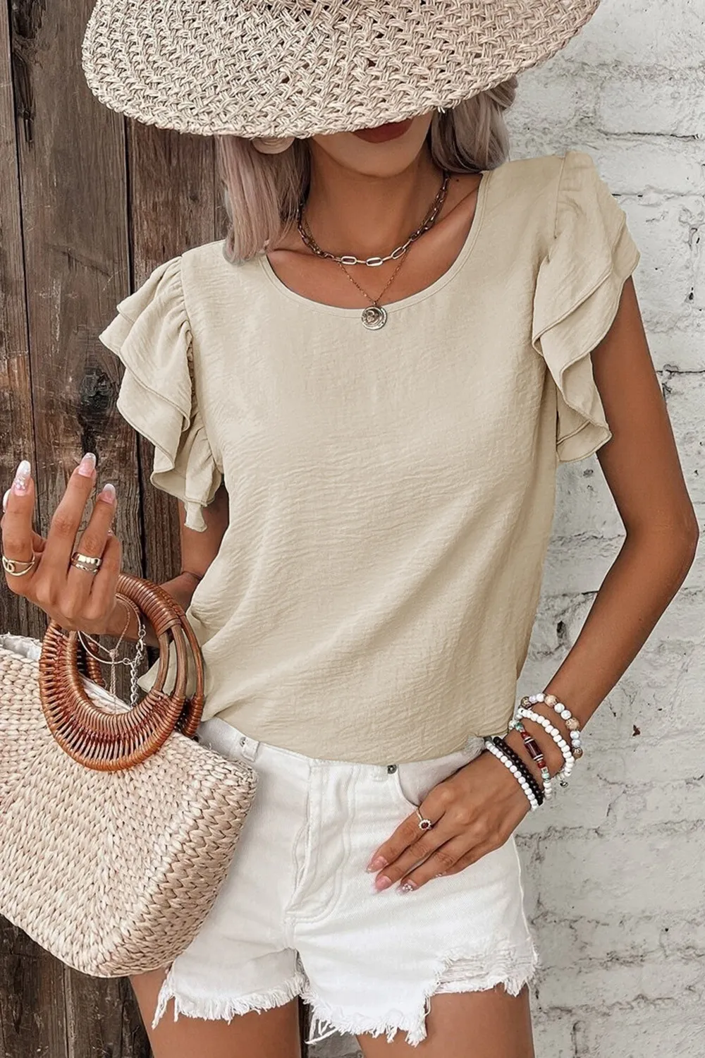 Solid Color Ruffled Short Sleeve Casual Blouse, image 13
