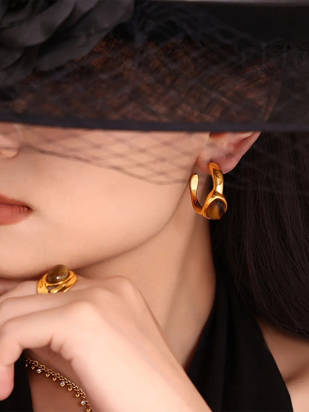 Stainless Steel Tigerite Ring and C-Hoop Earrings Set, image 2