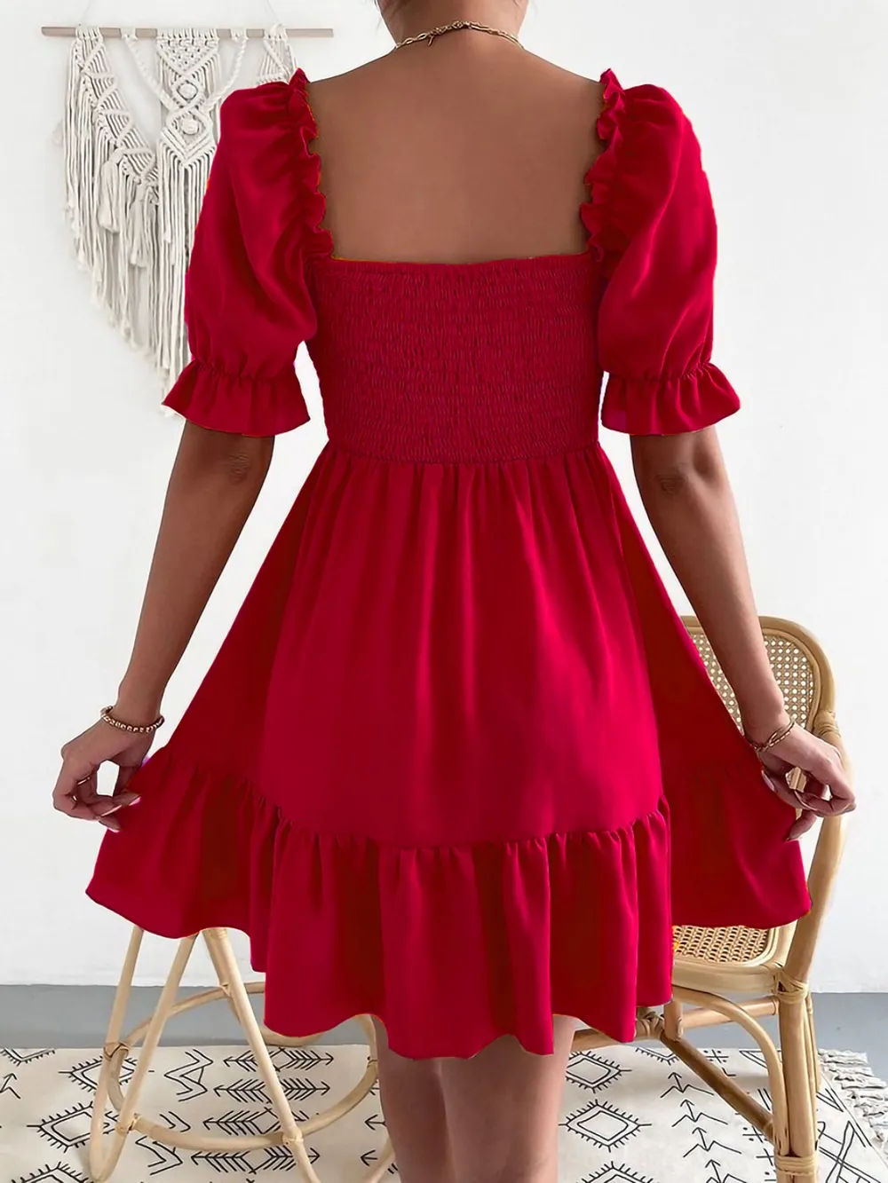 Smocked Square Neck Short Sleeve Dress, image 11