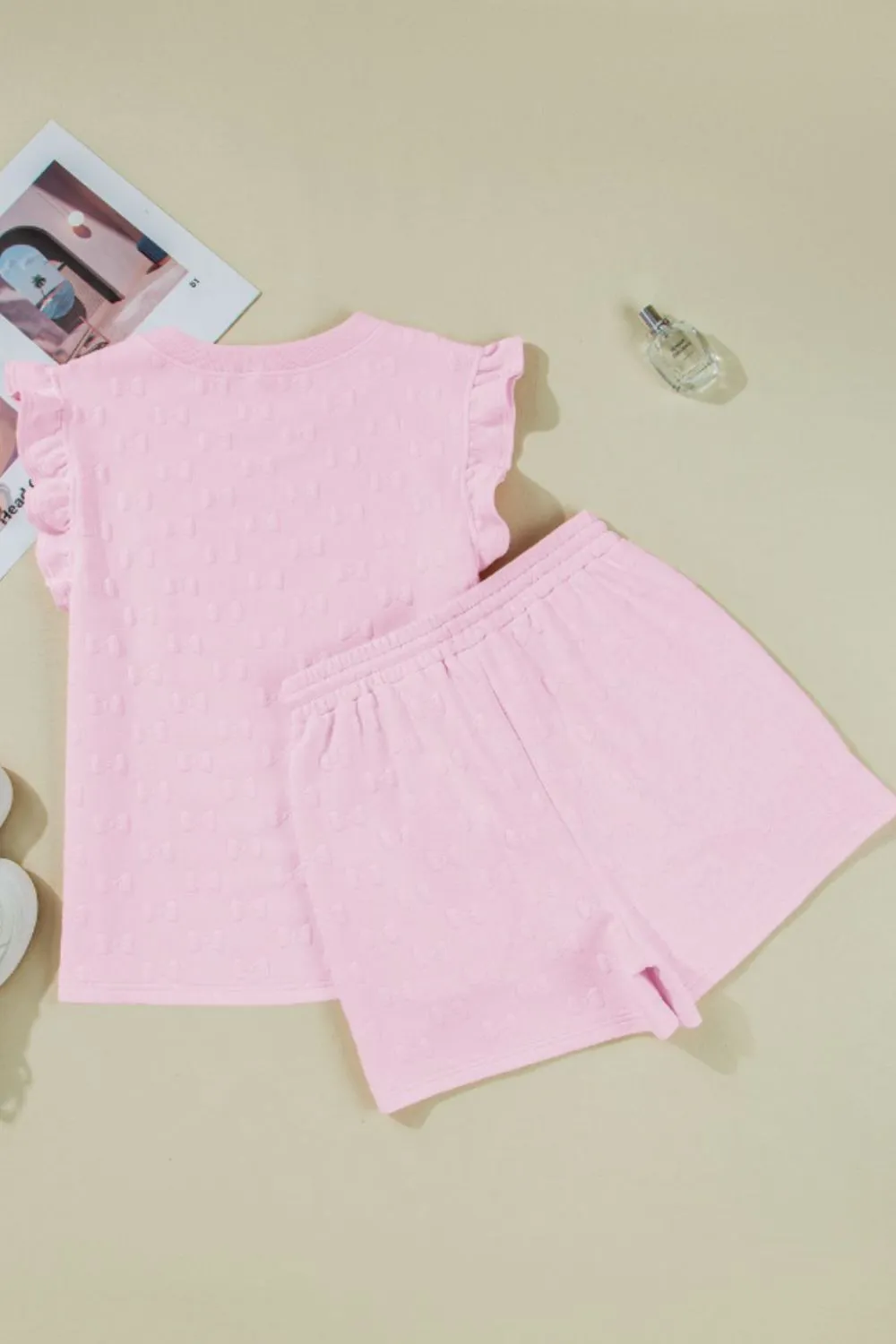 Bow Jacquard Ruffle Cap Sleeve Top and Shorts Set, image 7