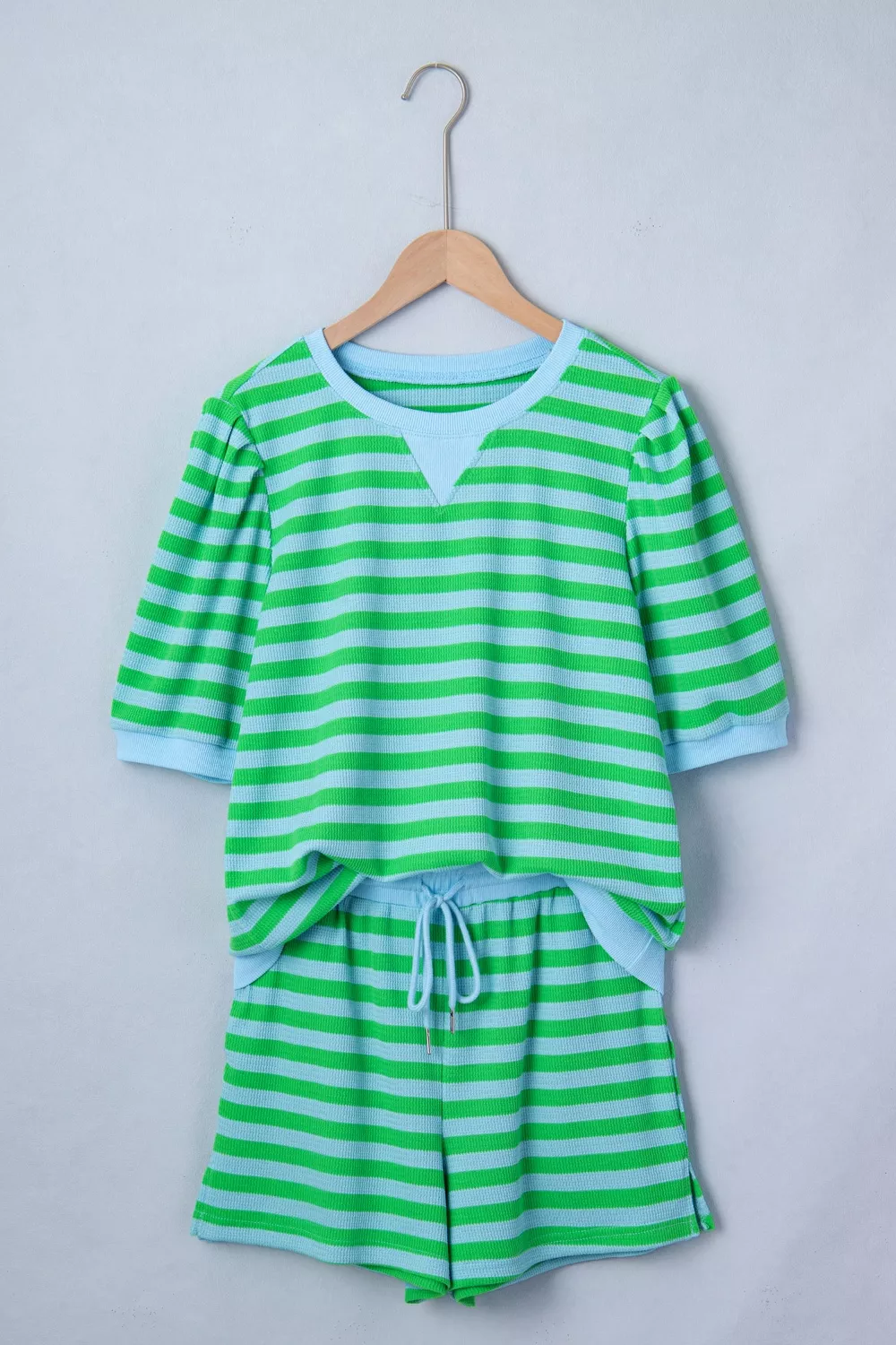 Stripe Colorblock Detail Puff Sleeve Top Drawstring Shorts 2pcs Outfit, image 6