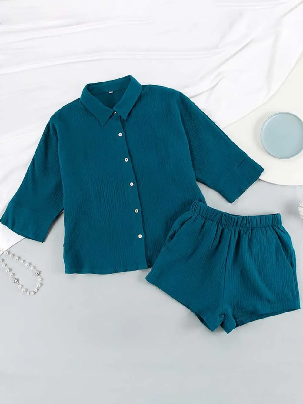 Texture Button Up Shirt and Shorts Set, image 9