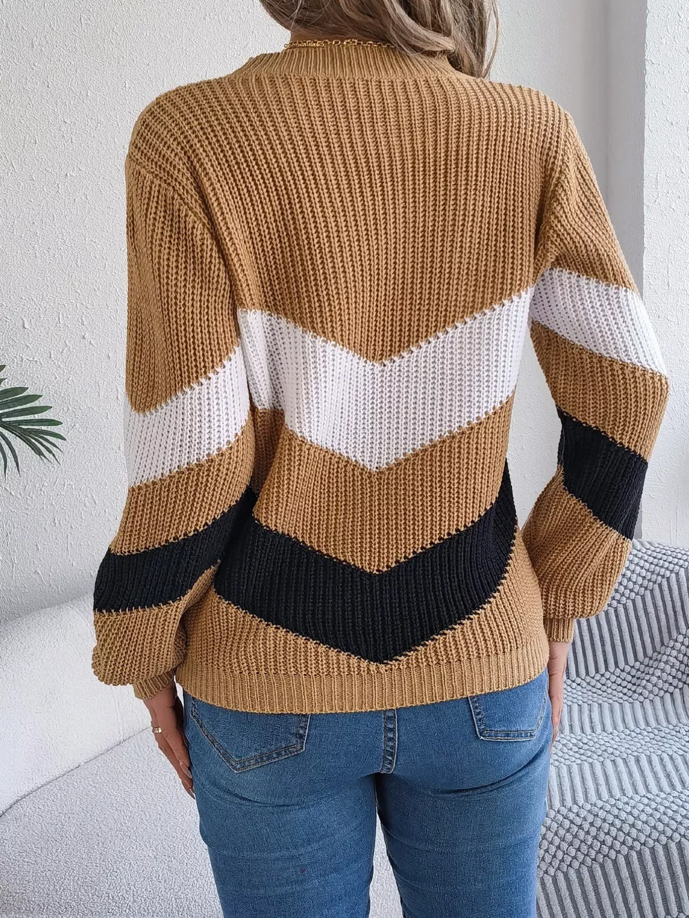 Chevron Stripe Color Block Round Neck Sweater, image 15