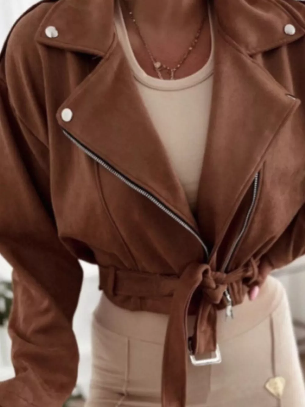 Cropped Biker Jacket with Belt Detail, image 17