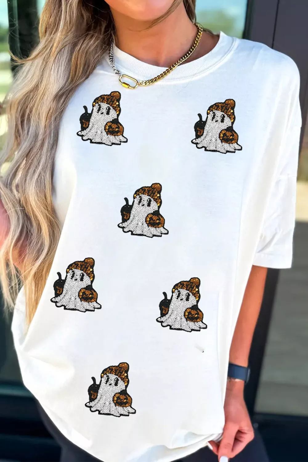 Full Size Halloween Sequin Ghost Print Short Sleeve Casual T-Shirt Plus Size, image 6