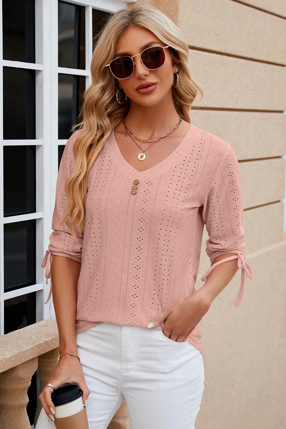 Eyelet Drawstring V-Neck Half Sleeve T-Shirt, image 9