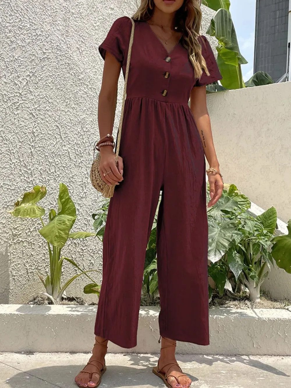 V-Neck Short Sleeve Wide Leg Jumpsuit, image 7