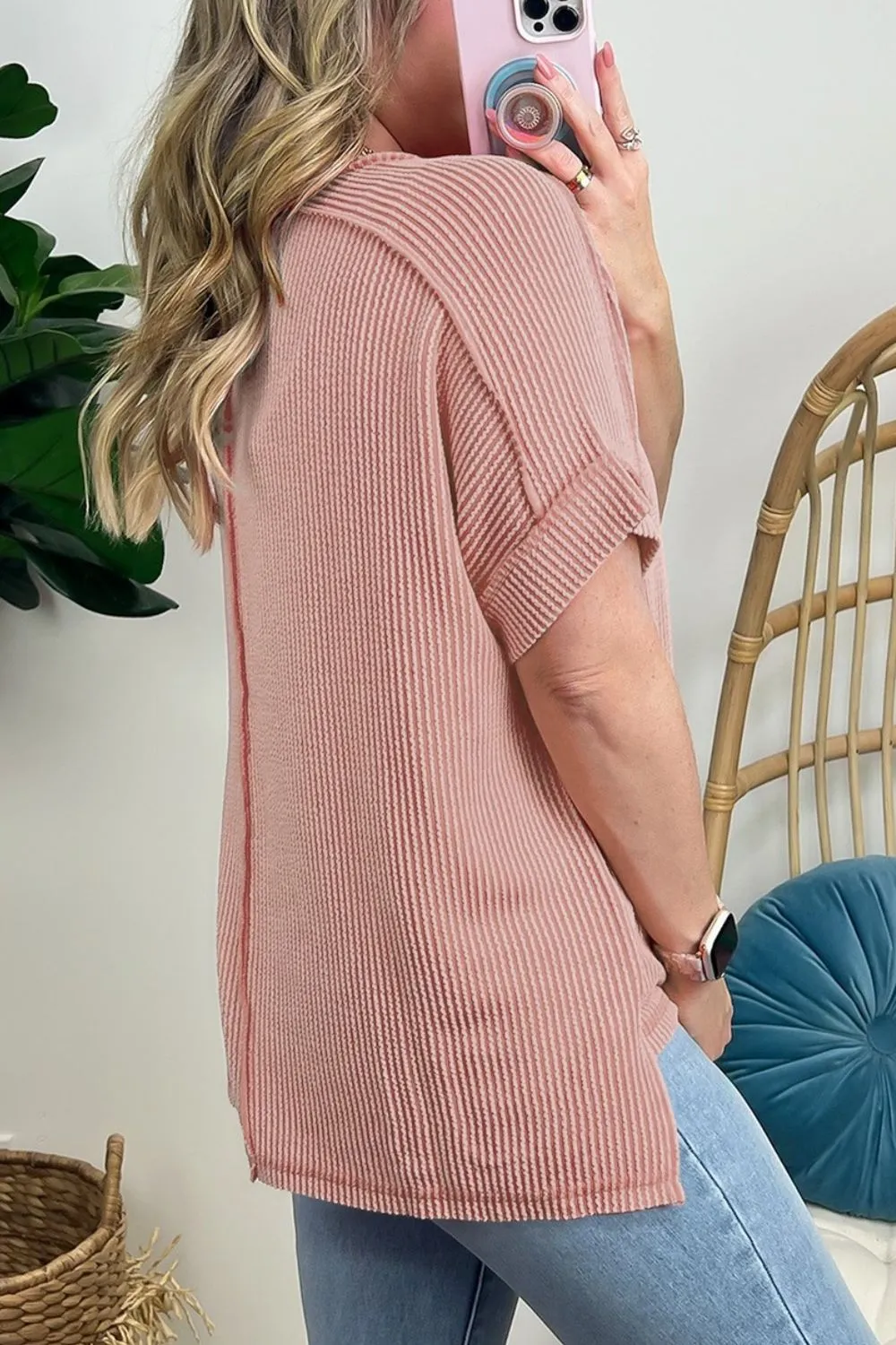 Casual Ribbed Short Sleeve Round Neck T-Shirt, image 21