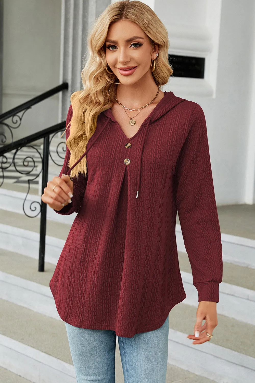 Decorative Button Drawstring Long Sleeve Hoodie, image 2