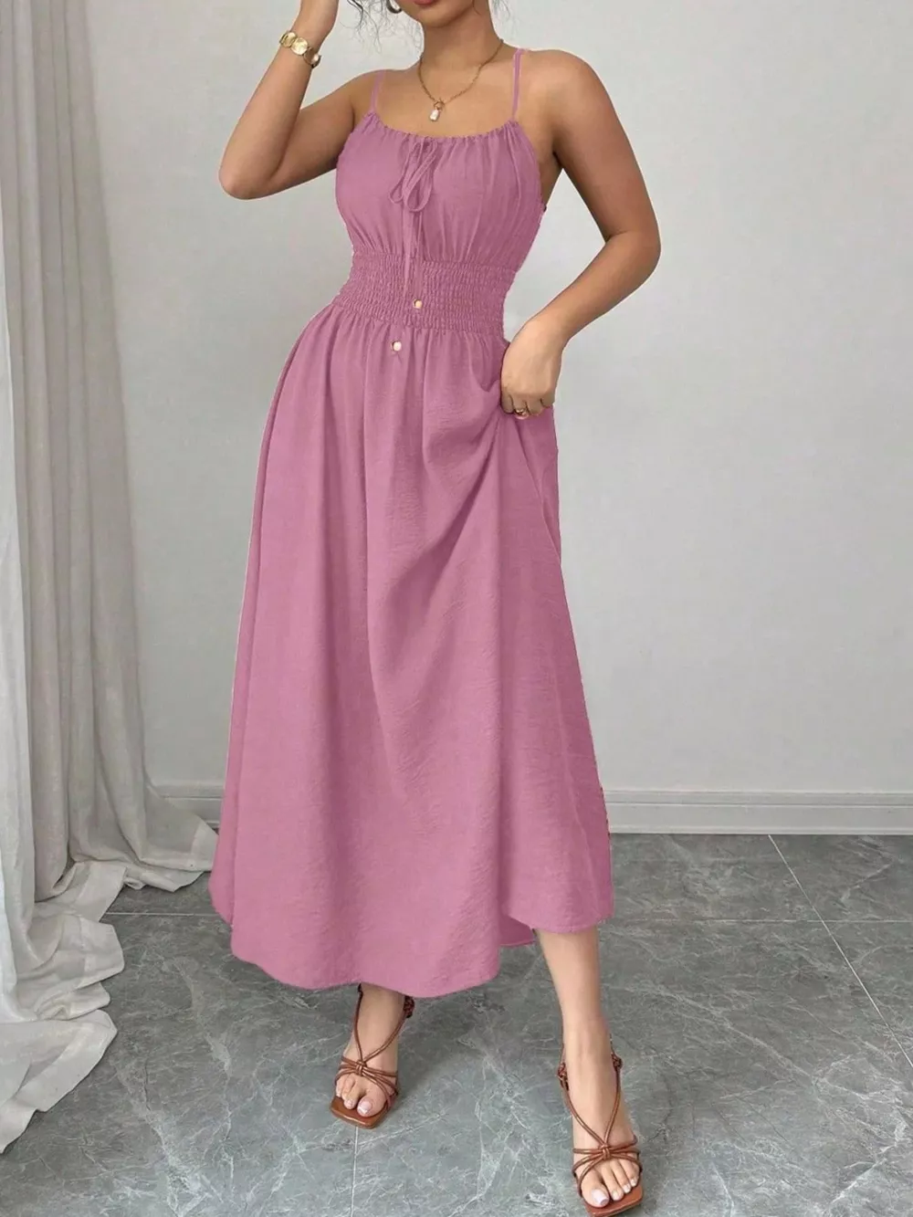 Smocked Spaghetti Strap Midi Dress, image 18