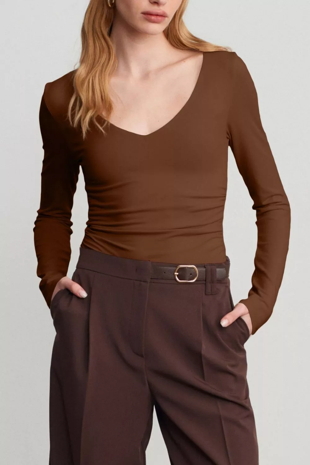 V-Neck Long Sleeve Ruched Slim-Fit T-Shirt, image 6