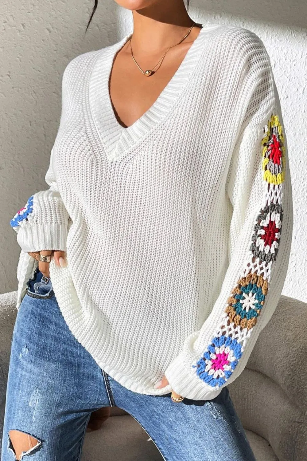 Crochet Flower V-Neck Sweater, image 10