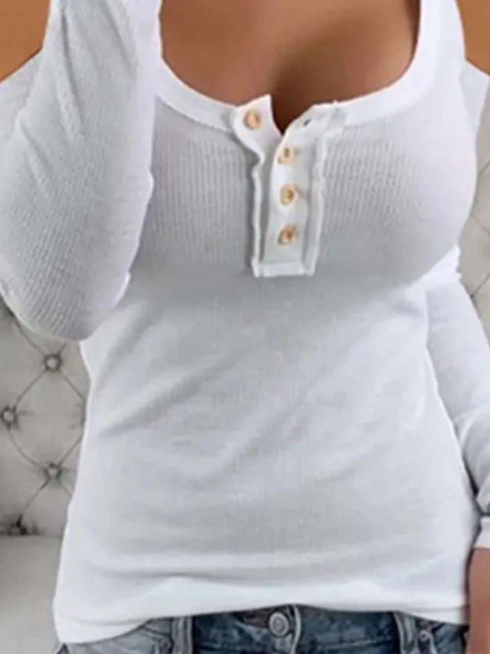 Cold Shoulder Ribbed Henley T-Shirt with Button Detail, image 7
