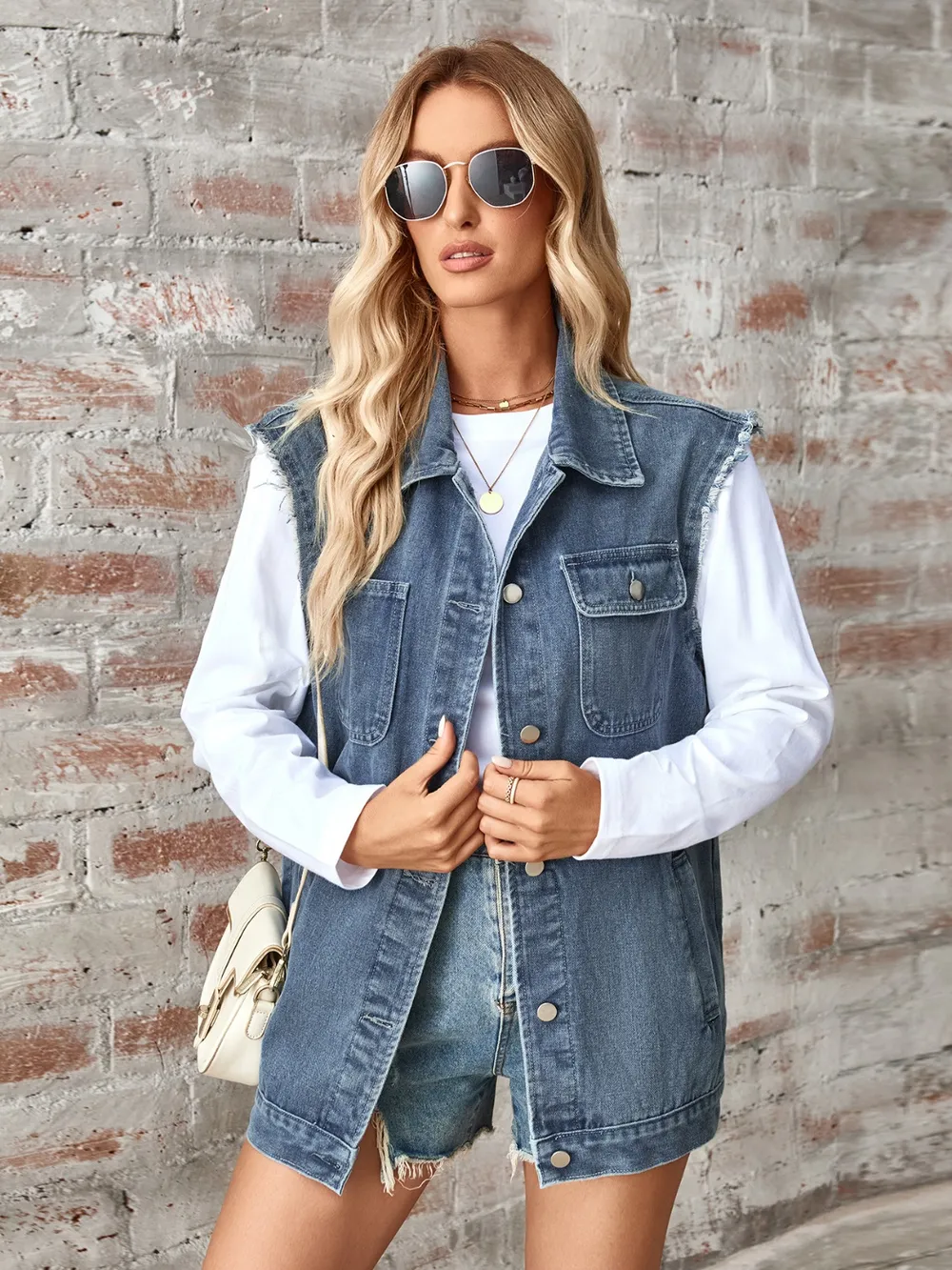 Raw Hem Sleeveless Button Up Denim Jacket, image 8