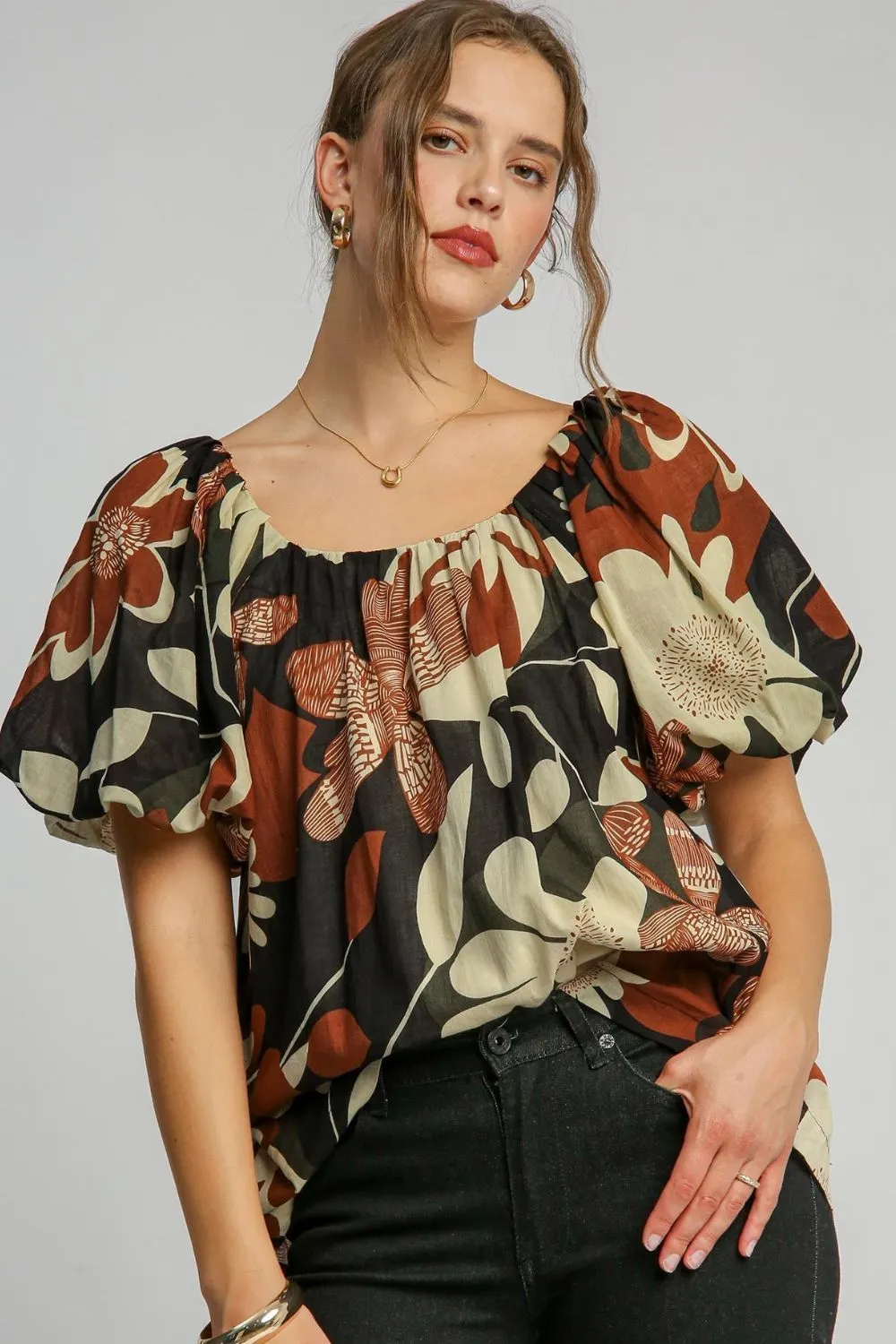 Full Size Print Round Neck Puff Sleeve Top Plus Size