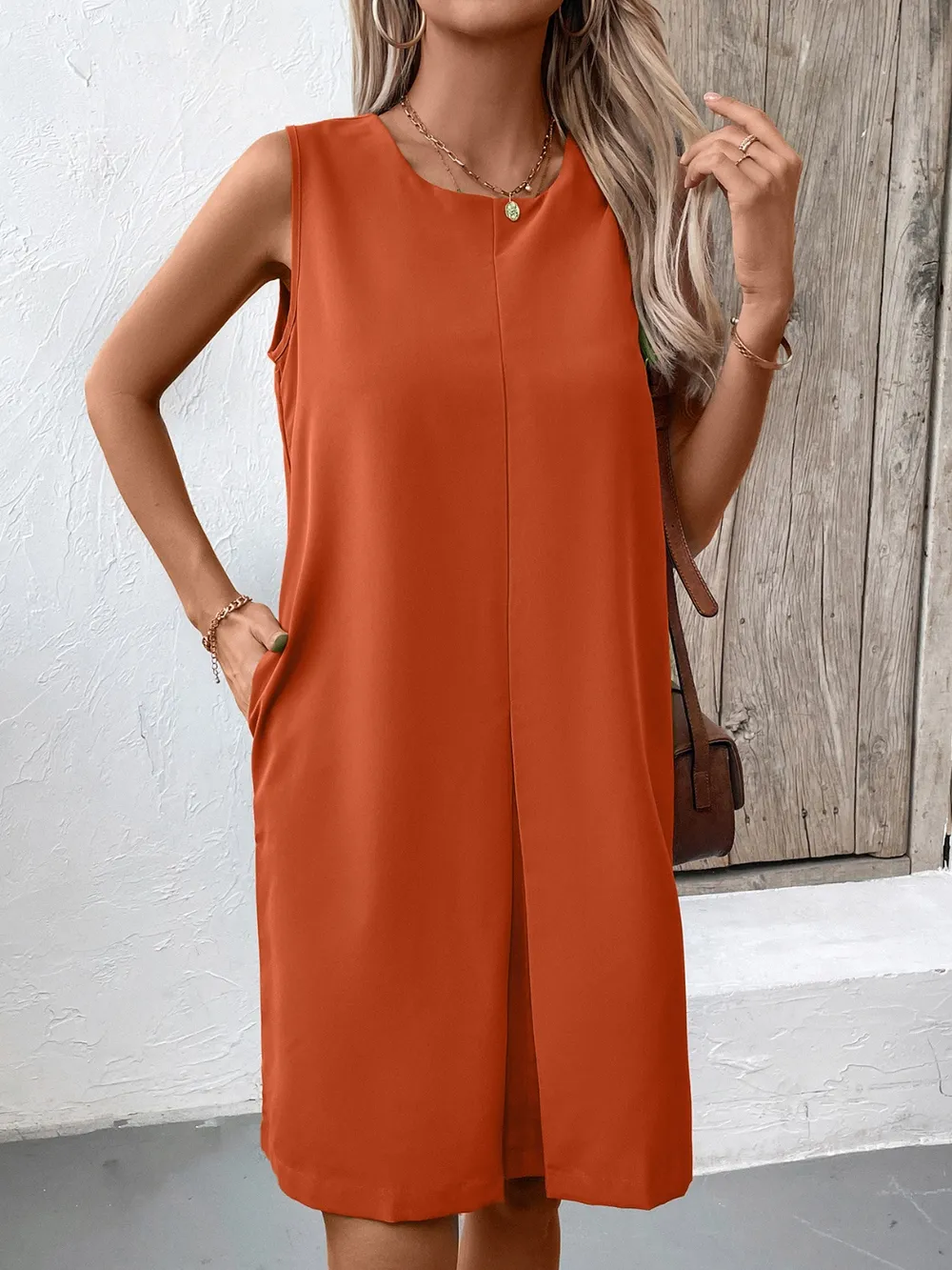 Pocketed Round Neck Sleeveless Mini Dress, image 13