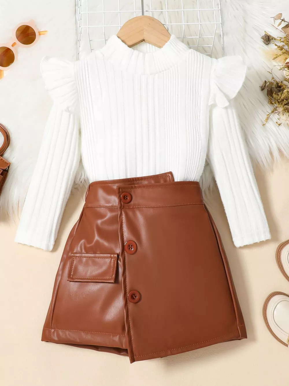 Children's Ribbed Knit Top and Leather Skirt Set, image 3