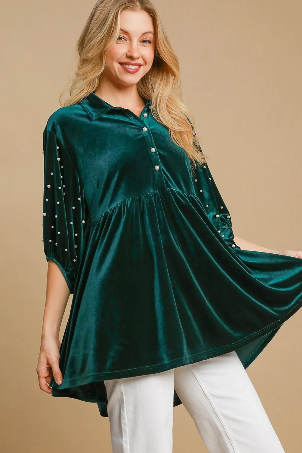 Pearl Detail Half Sleeve Velvet Babydoll Blouse