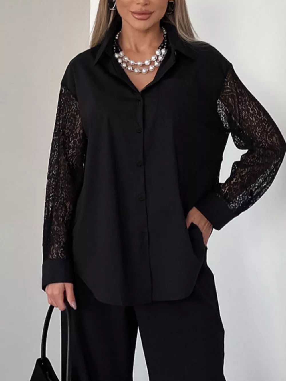 Lace Sleeve Button-Down Shirt