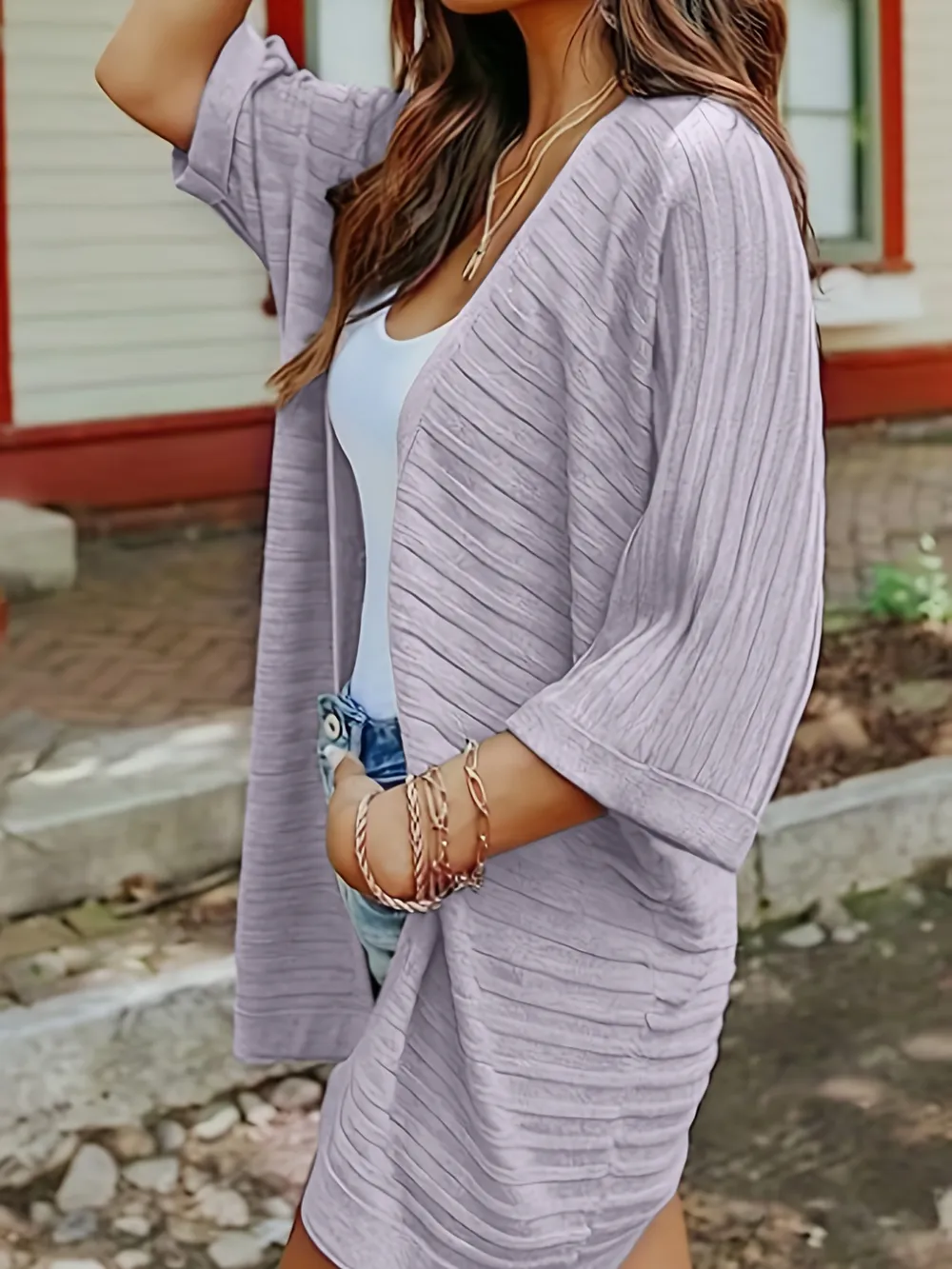 Striped Open Front Knit Cardigan, image 6