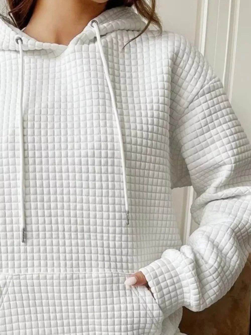 Waffle Knit Hoodie with Drawstring Details, image 4