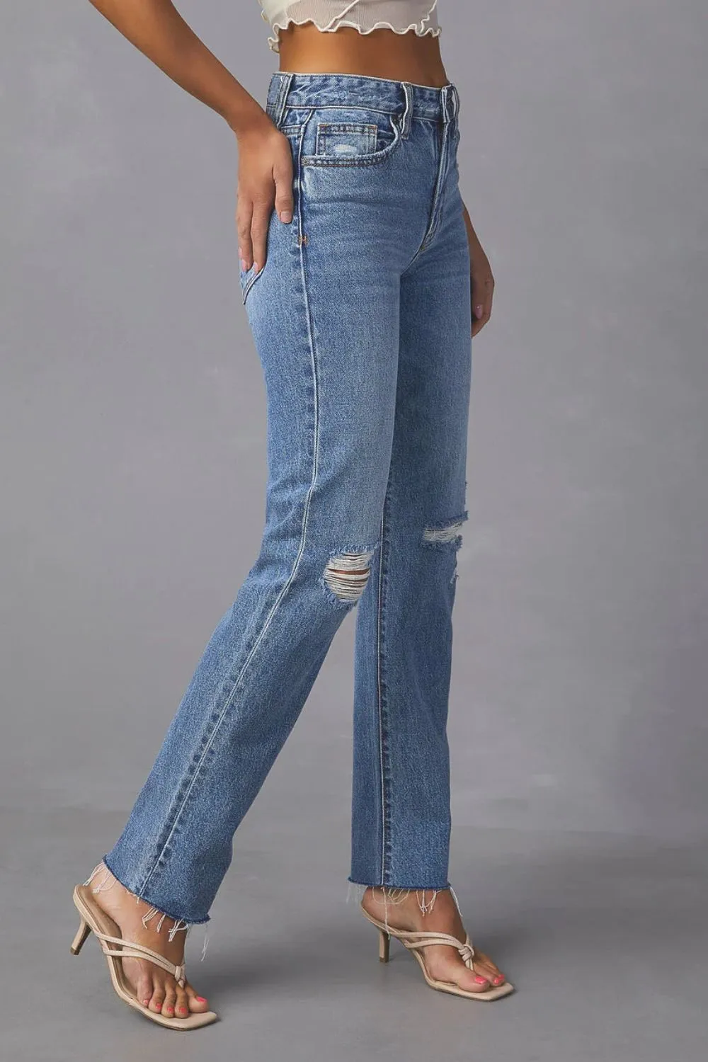 Distressed Raw Hem Straight Jeans with Pockets, image 4